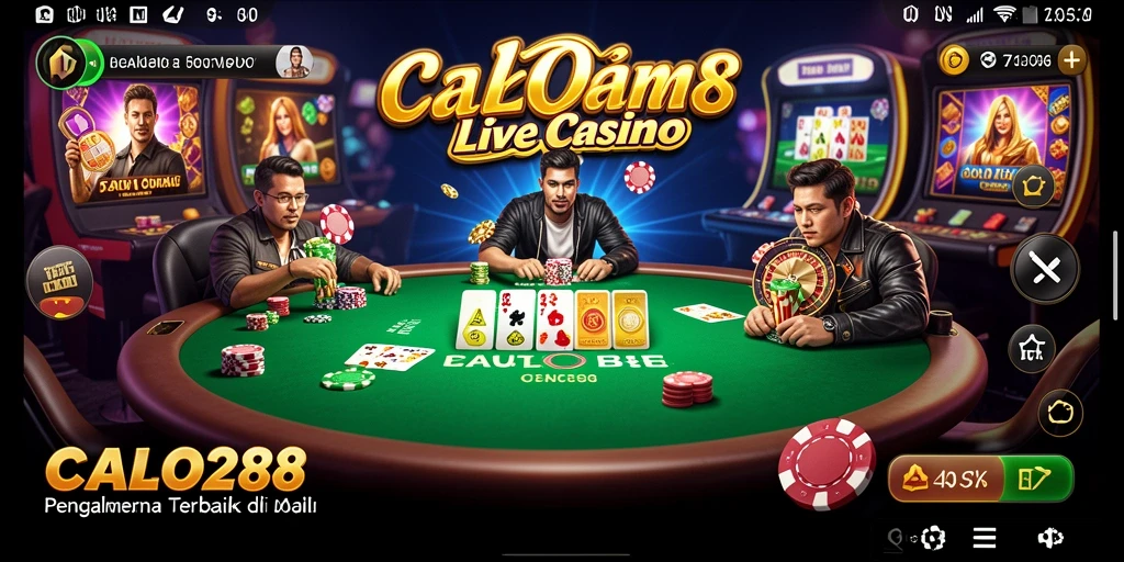 Screenshot gameplay Live Casino CALO288 menunjukkan dealer yang ramah dan permainan yang intens.