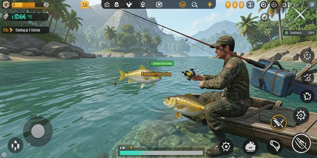 Tampilan gameplay ID66 dengan ikan yang bergerak dan pemandangan indah.