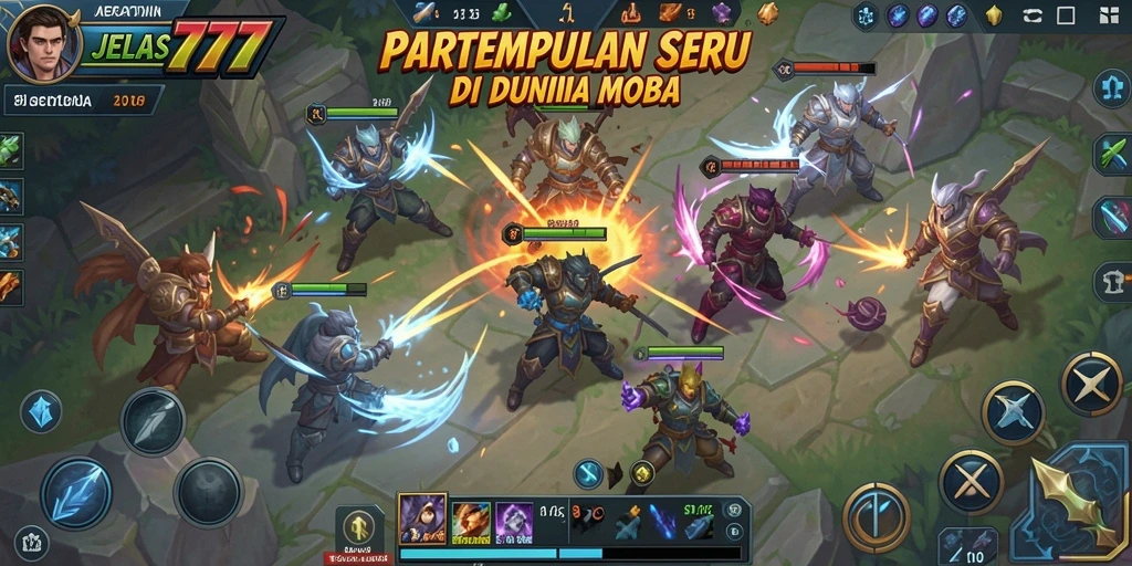 Screenshot utama JELAS777 menampilkan aksi pertempuran MOBA yang seru.