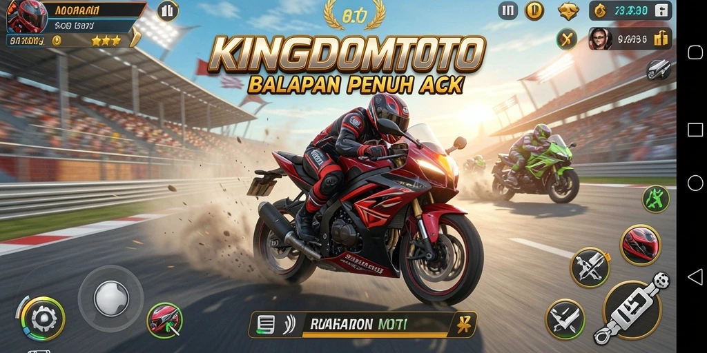 Screenshot KINGDOMTOTO menunjukkan aksi balapan motor yang mendebarkan.