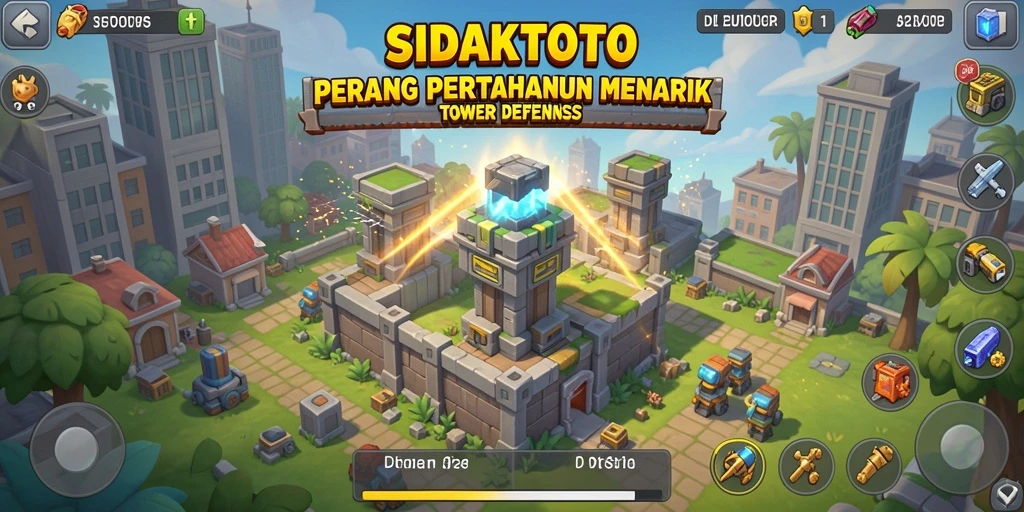 Screenshot gameplay SIDAKTOTO menampilkan tower pertahanan yang strategis dan aksi seru.