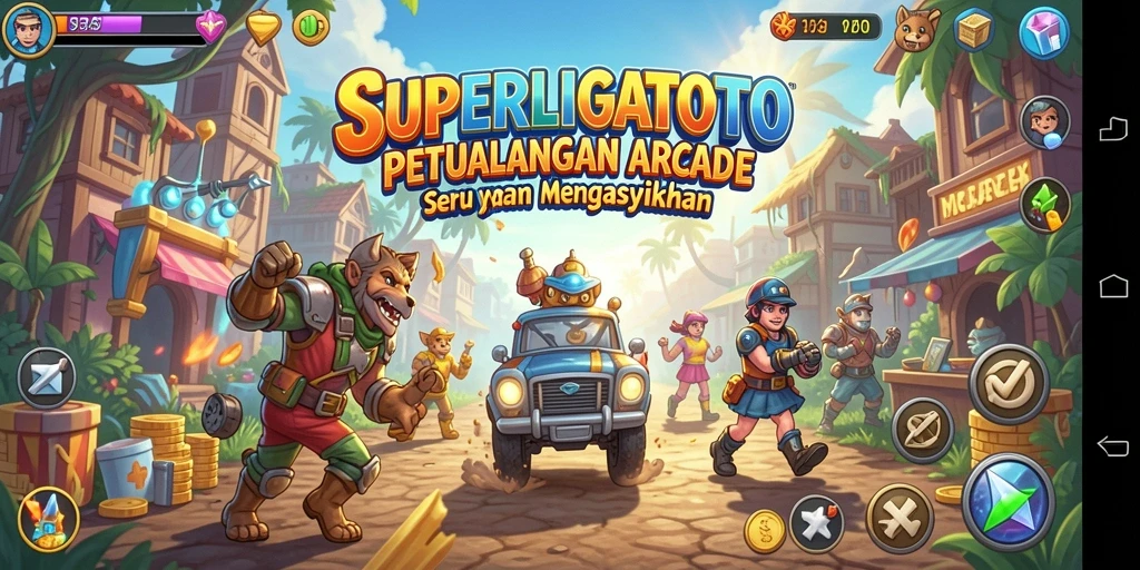 Tangkap layar gameplay SUPERLIGATOTO yang penuh warna dan menantang.